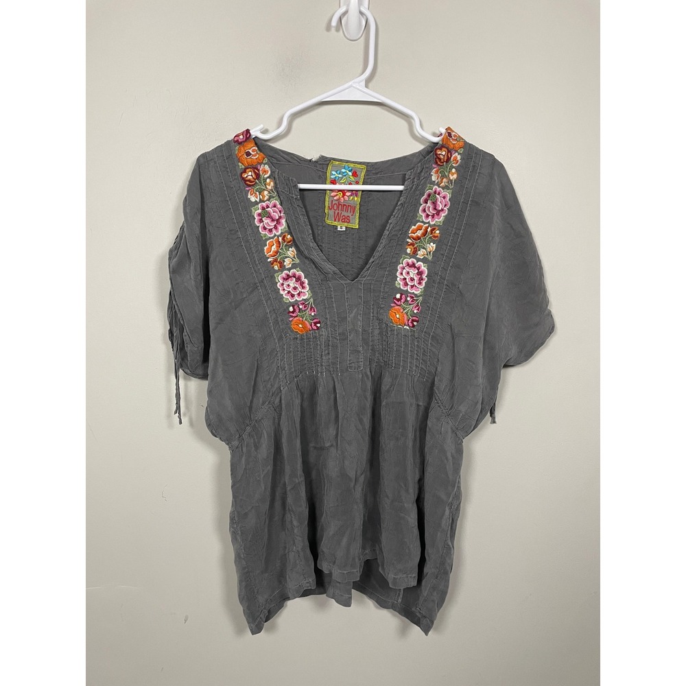 Johnny Was Floral‎ Embroidered Pintuck Short Sleeve Blouse Size Small